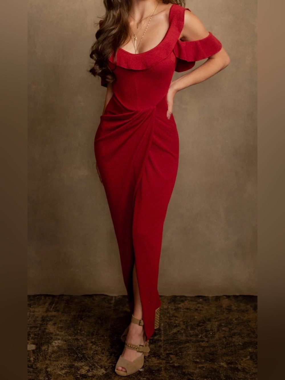Joyfolie Rissa Dress Crimson Red Ruffle Draped Maxi Dress Size S NWT